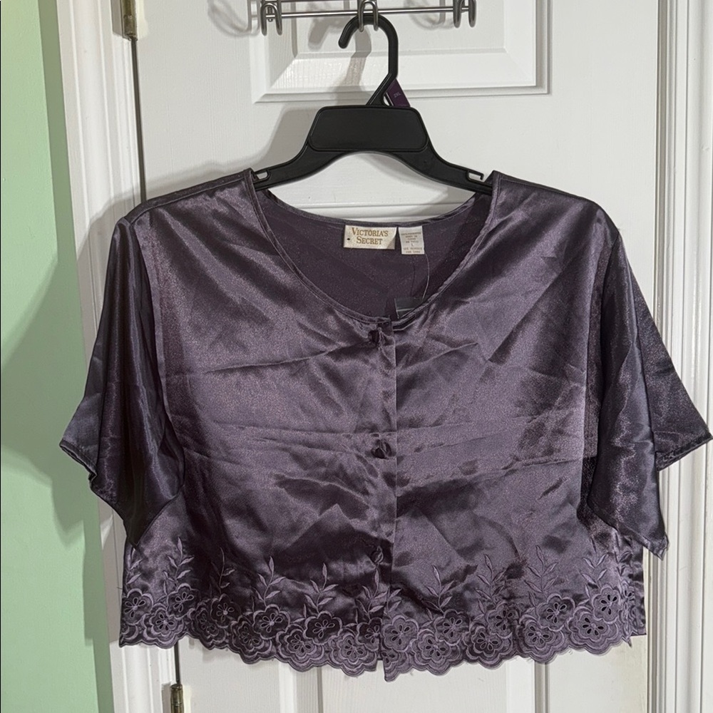 Victoria's Secret Gold Label Purple Satin Embroidered Pajama Crop Top Size Large
